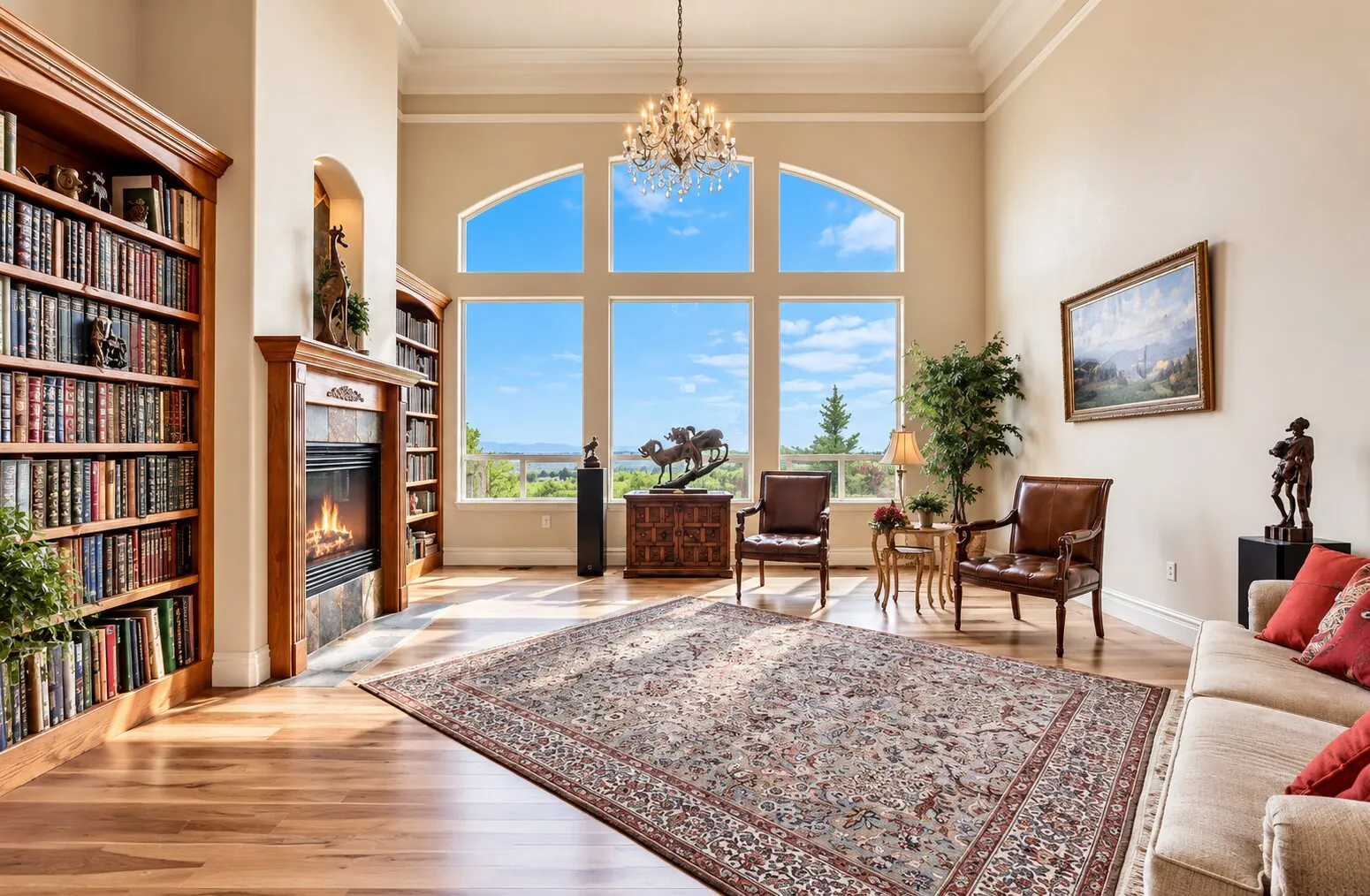 Great room with arched windows and fireplace